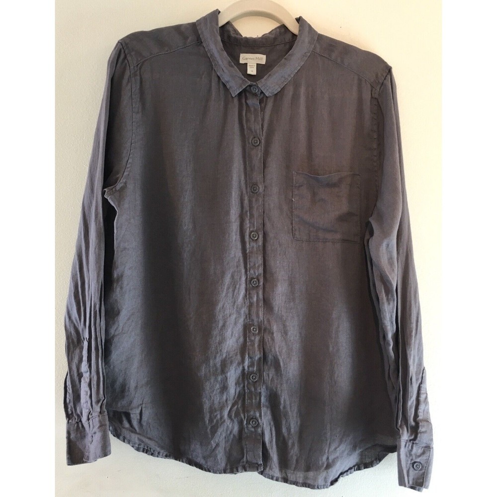 Garnet Hill Gray Button Up Shirt Womens 14 Linen Pocket NEW NWT Long Sleeves